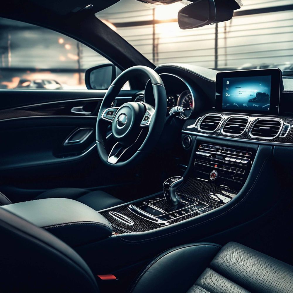 Car interior with black leather seats. 
